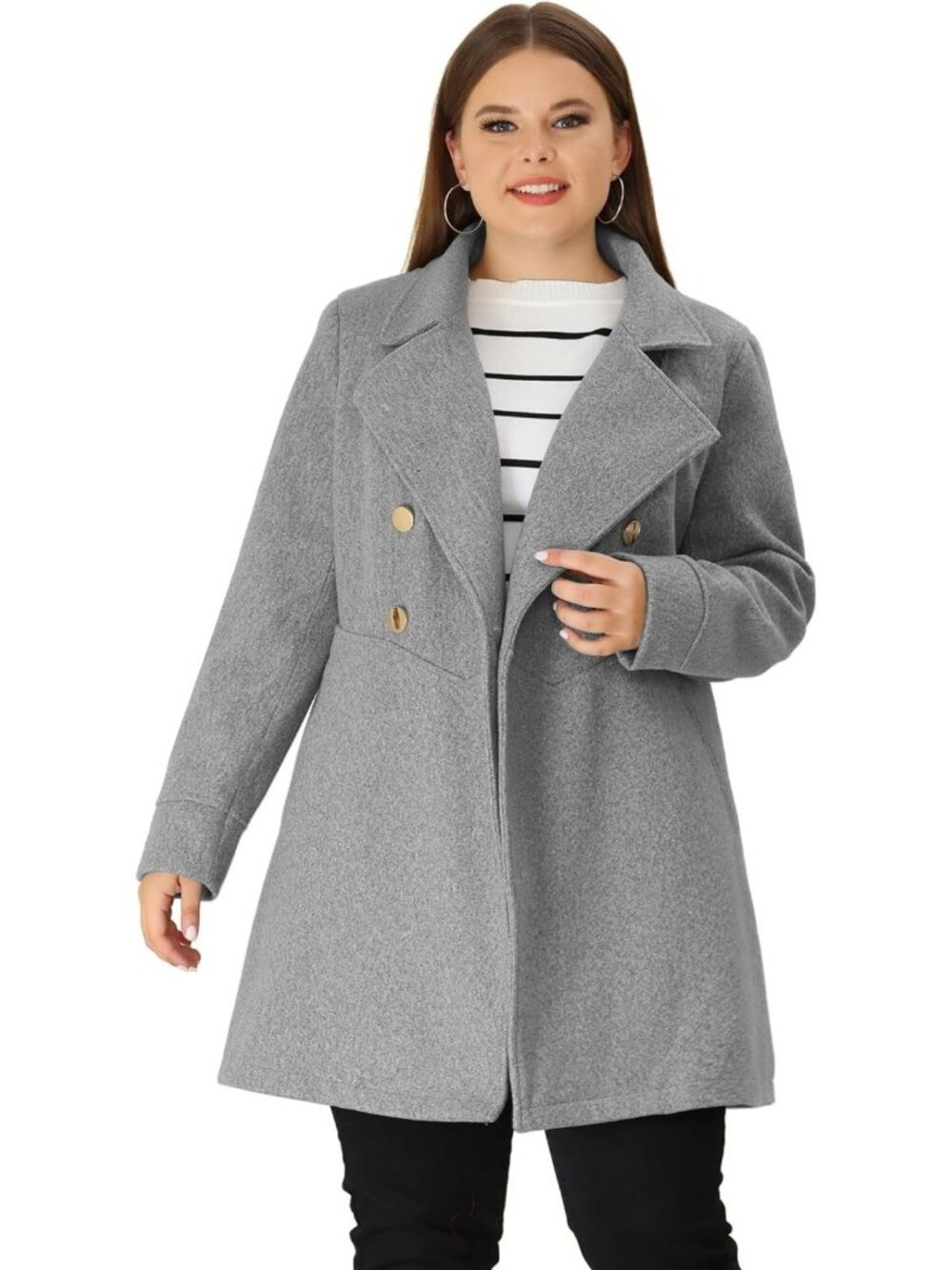 Plus Size A-Line Coat with Peter Pan Collar & Double Breasted Design